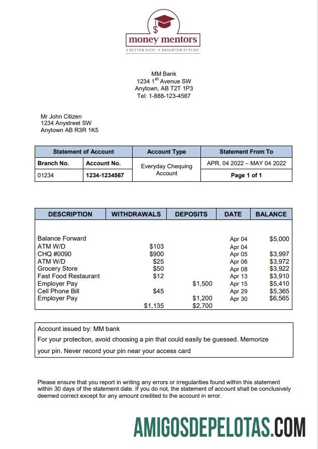 Canada MM modelo de extrato bancário